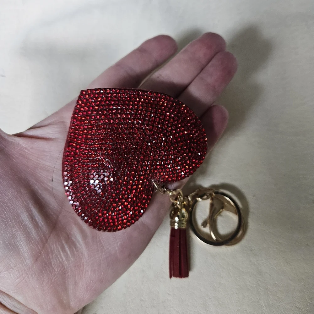 Red Rhinestone Bling Heart Keychain Purse Charm with Tassel & Gold Ball -16